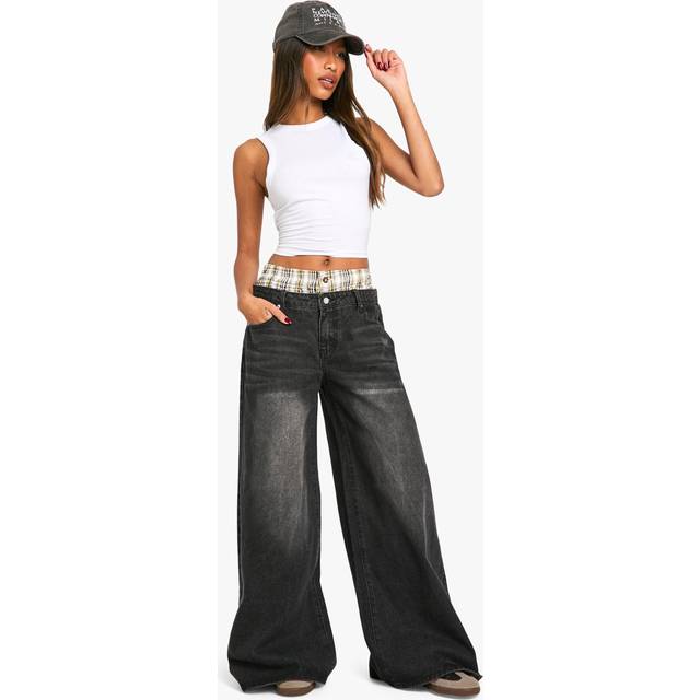 Womens Contrast Waistband Check Boxer Detail Jean - Grey - 14, Grey