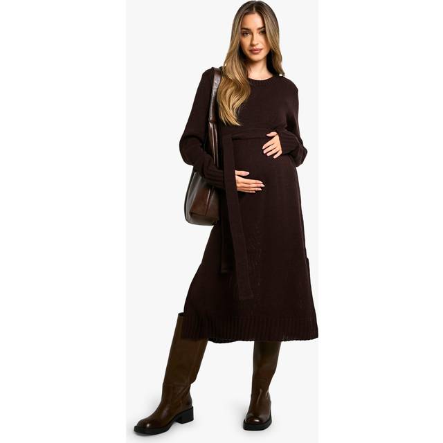 Womens Maternity Crew Neck Jumper Midi Dress - Brown - 12
