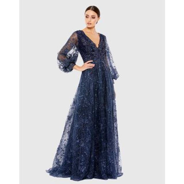 Mac Duggal Embellished Plunge Neck Puff Sleeve A-Line Gown