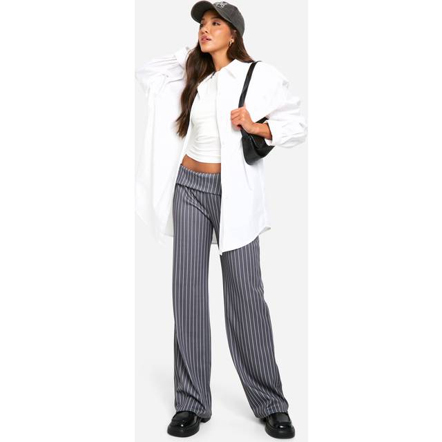 Womens Foldover Pinstripe Wide Leg Trouser - Grey - 12