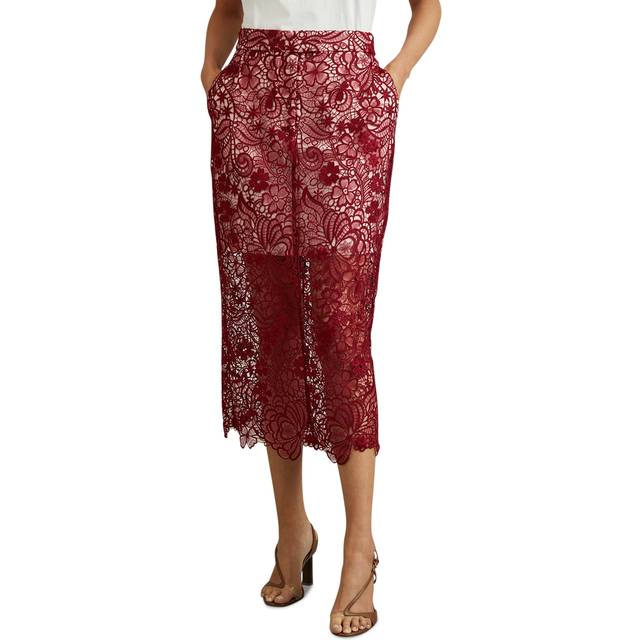 Reiss Womens Burgundy Flo Lace-embroidered High-rise Woven Pencil Skirt 4 - BURGUNDY