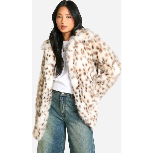 Womens Petite Snow Leopard Faux Fur Coat - Beige - 14, Beige