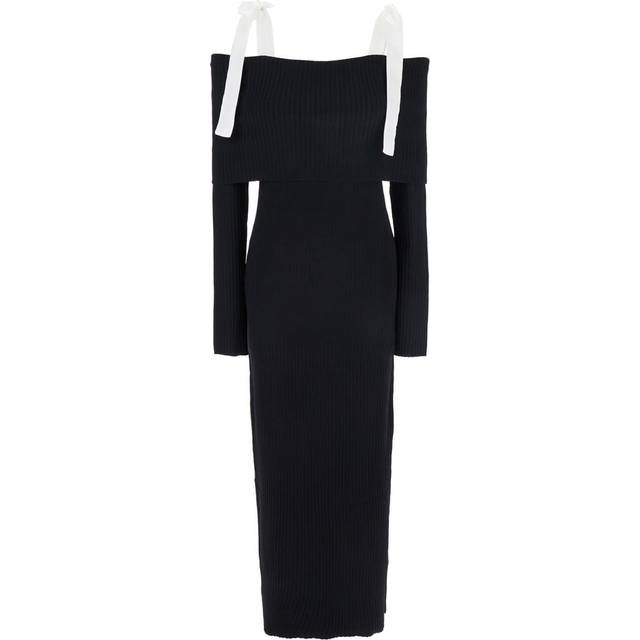 ROTATE Birger Christensen, Midi Dresses, female, Black, L, Off-Shoulder Knit Dress