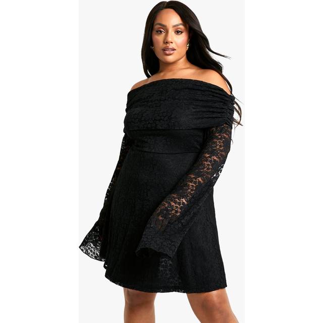 Womens Plus Lace Off Shoulder Flared Skater Dress - Black - 22, Black