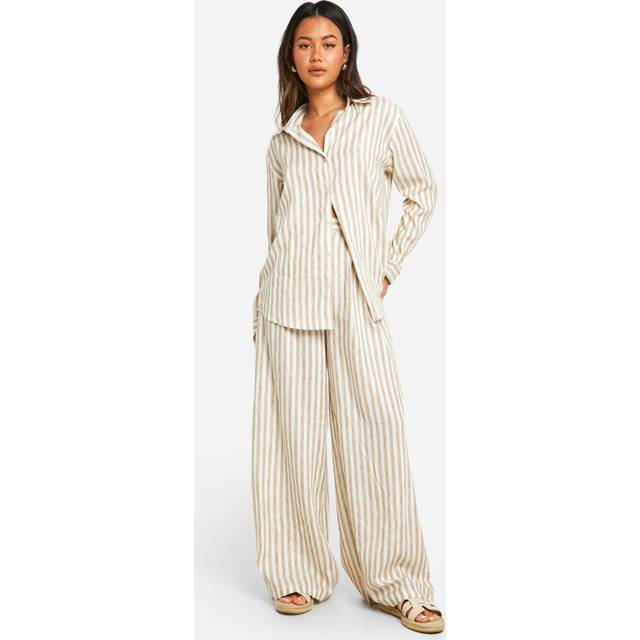 Womens Stripe Linen Look Wide Leg Trousers - Ecru - 8