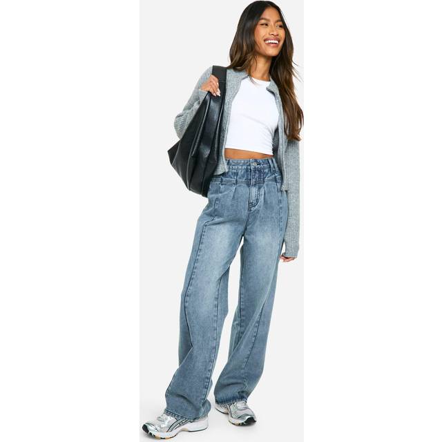 Womens Pleat Detail Seam Front Baggy Boyfriend Jeans - Blue - 14, Blue
