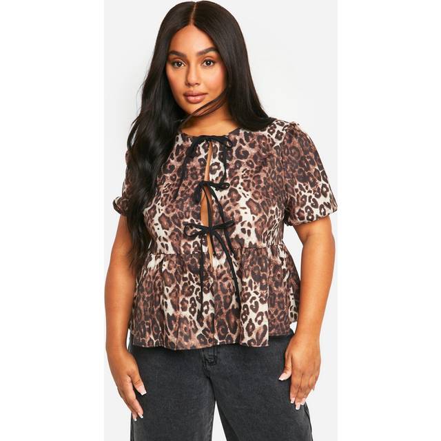Womens Plus Tie Front Leopard Smock Top - Brown - 22