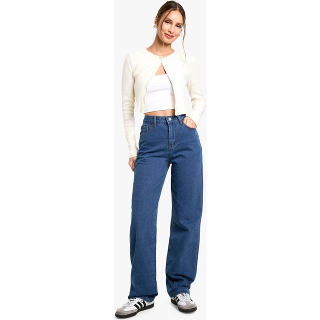 Womens Boohoo Basics High Waisted Boyfriend Jeans - Blue - 16/32L