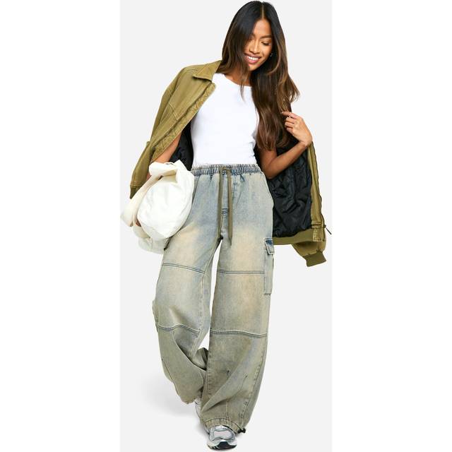 Womens Vintage Wash Elasticated Waist Baggy Cargo Jeans - Blue - 6, Blue