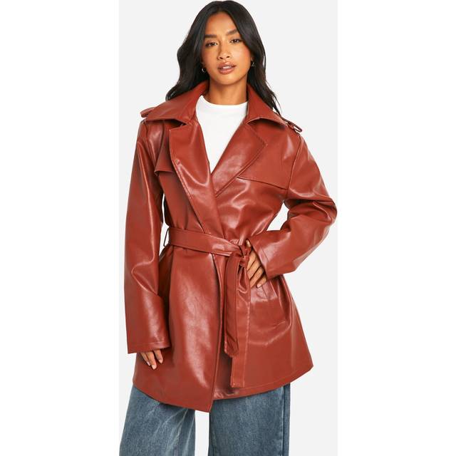 Womens Petite Belted Short Trench Coat - Red - 10, Red