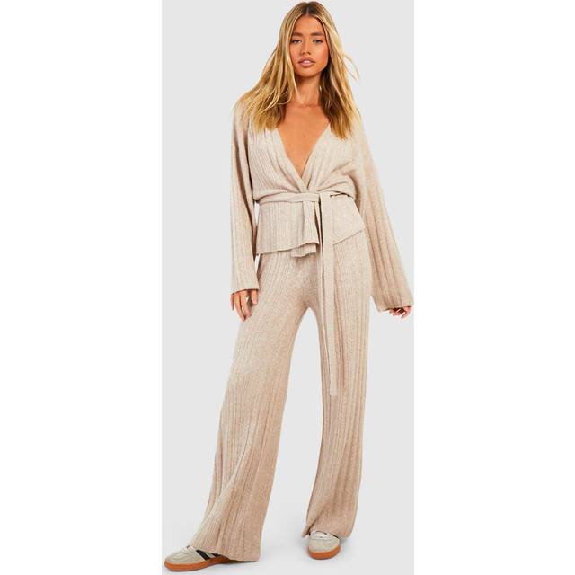 Womens Soft Mixed Rib Knit Wide Leg Trousers - Beige - L, Beige