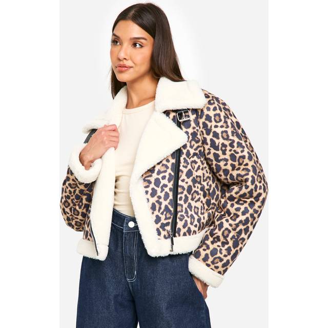 Womens Leopard Print Cropped Aviator Jacket - Multi - 12