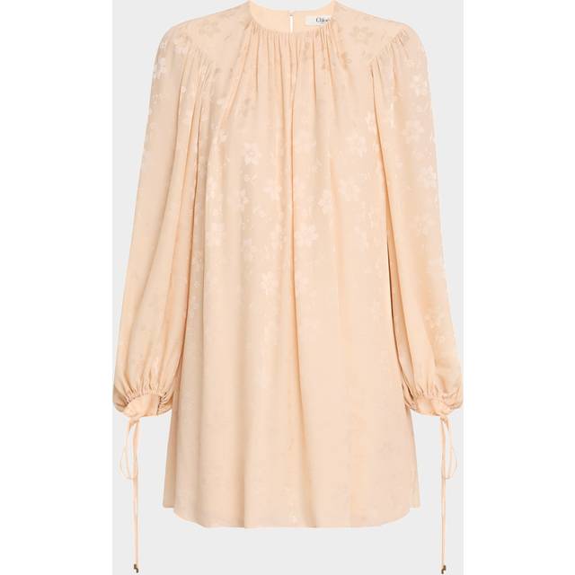 Floral Silk Jacquard Balloon-Sleeve Mini Dress - MACADAMIA BROWN - 40 FR (8 US)