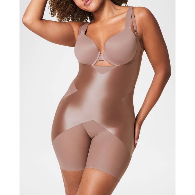 Open-Bust X Mid-Thigh Bodysuit - CAFE AU LAIT - Small
