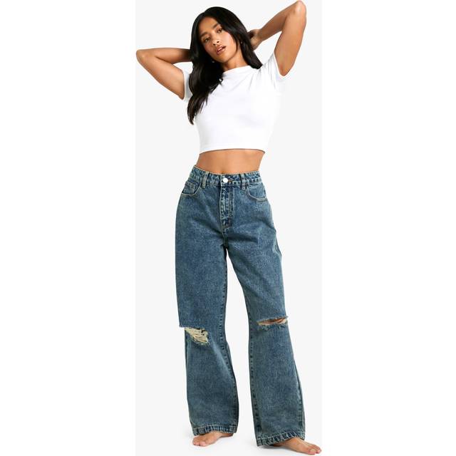 Womens Petite Basics Ripped Knee Boyfriend Jeans - Blue - 10/28L