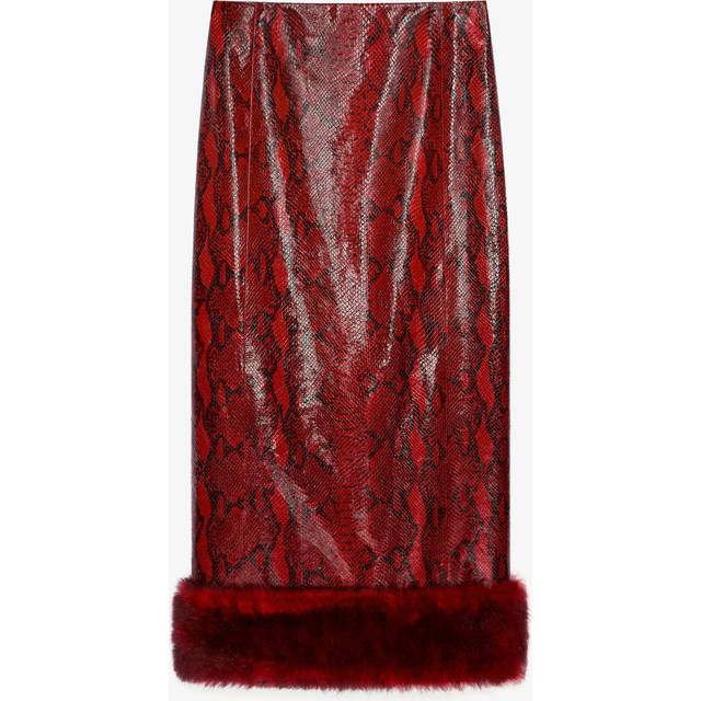 Jupe en cuir imprimé python et fourrure - bordeaux/rouge - 36