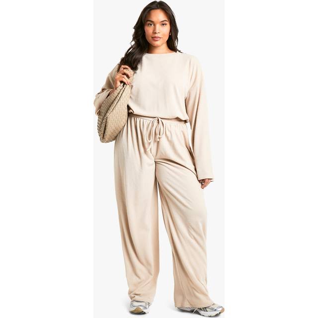 Womens Plus Long Sleeve & Wide Leg Trouser Co Ord - Stone - 20