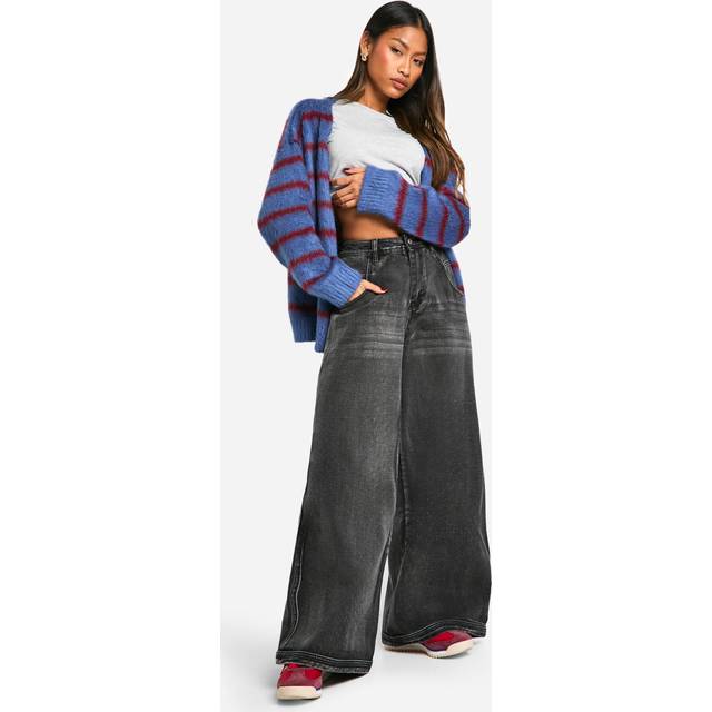 Womens Faded Seam Detail Wide Leg Jeans - Black - 14, Black
