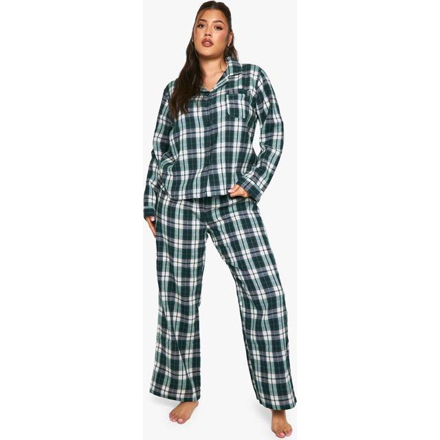 Womens Plus Soft Touch Check Button Through Shirt And Trouser Pyjama Set - Green - 16, Green