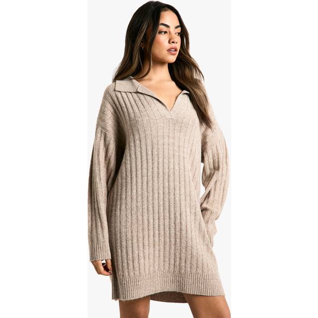 Womens Collar Detail Cosy Knitted Jumper Dress - Beige - M