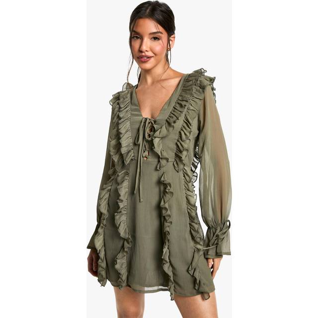 Womens Crinkle Chiffon Ruffle Shift Dress - Green - 8
