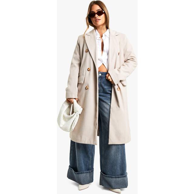Womens Petite Herringbone Double Breasted Coat - Beige - 16, Beige
