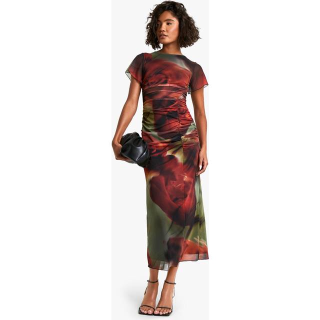 Womens Tall Bold Floral Ruched Drape Midaxi Dress - Black - 10, Black