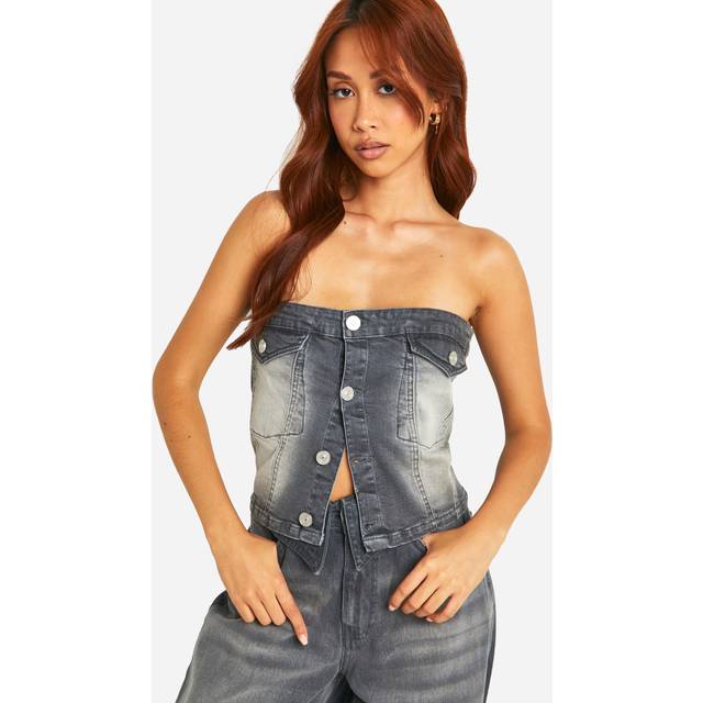 Womens Washed Grey Stretch Denim Button Detail Bandeau Top - 10, Grey
