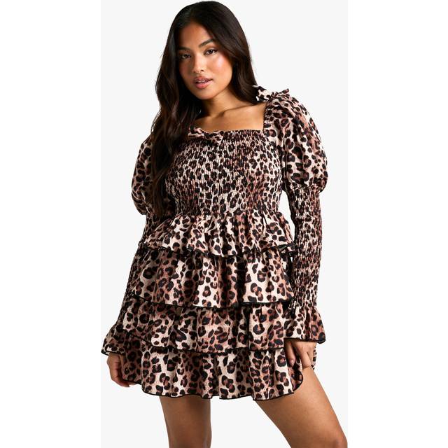 Womens Petite Shirred Leopard Shirred Tiered Ruffle Skater Dress - Multi - 12