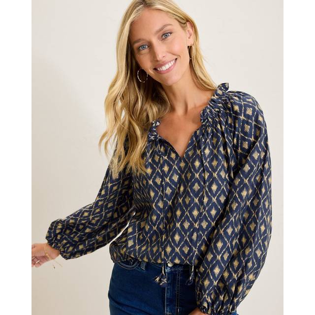 Tommy Bahama Diamond Cay Smocked Linen-Blend Peasant Top
