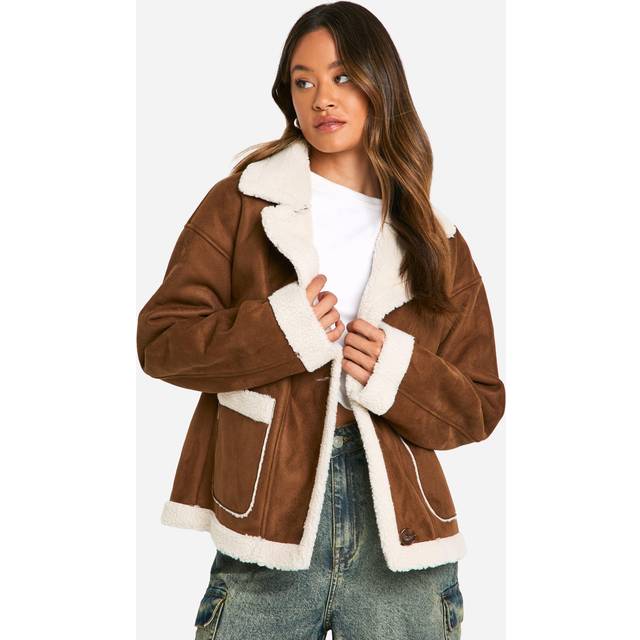 Womens Tall Borg Lined Faux Suede Jacket - Brown - 18, Brown