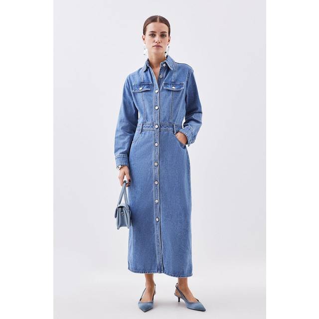 Petite Denim Long Sleeve Midi Shirt Dress - Mid Wash