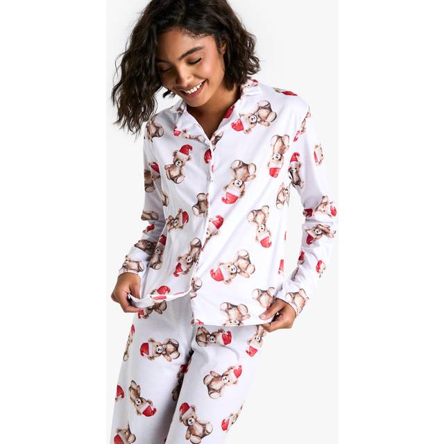 Womens Tall Christmas Bear Print Long Sleeve Shirt & Trousers Pyjama Set - Brown - 8, Brown