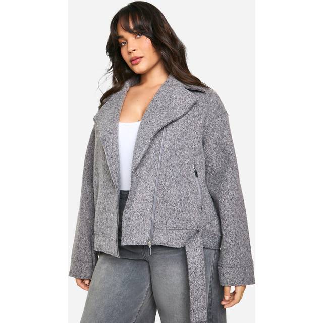 Womens Plus Boucle Belted Biker Jacket - Grey - 18, Grey