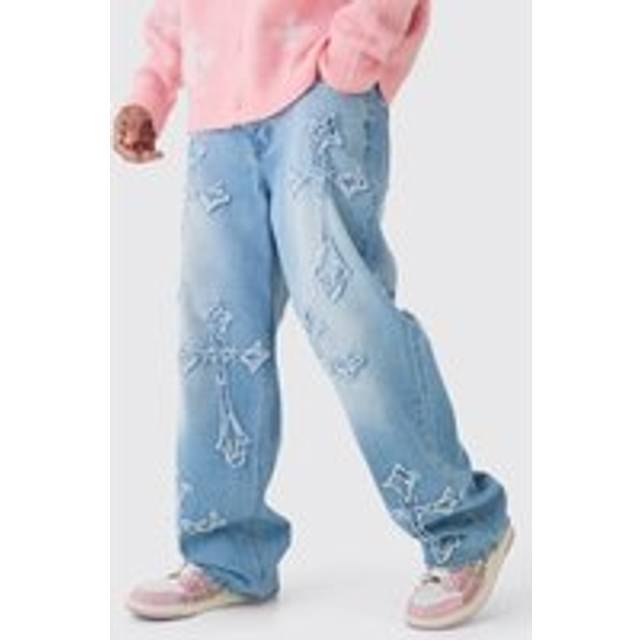 Baggy Rigid Washed Blue Cross Applique Jeans - 28R