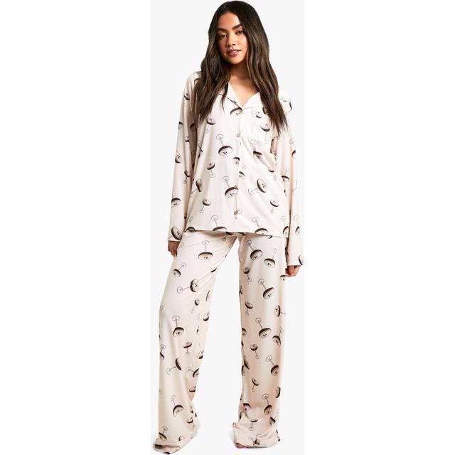 Womens Espresso Print Long Sleeve Shirt & Trousers Pyjama Set - Beige - 8