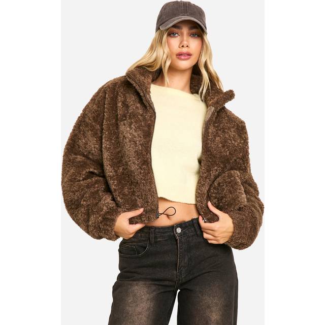 Womens Boxy Curly Teddy Bomber Jacket - Brown - 16, Brown