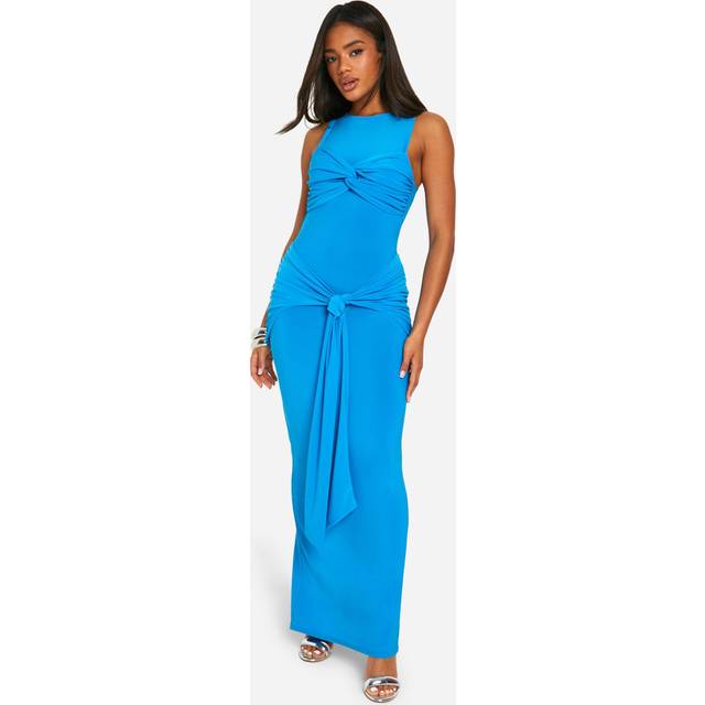 Womens Ruched Twist Detail Racer Neck Maxi Dress - Blue - 18, Blue