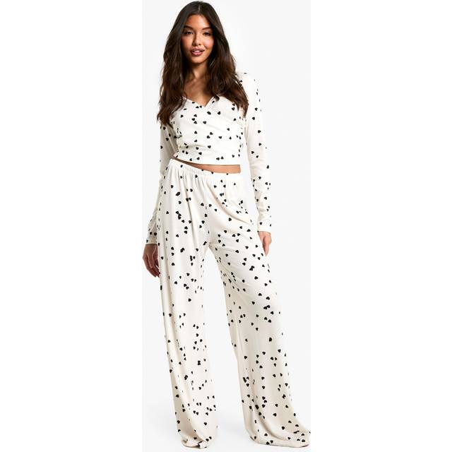 Womens Heart Print Long Sleeve Wrap Top & Trousers Pyjama Set - White - 10, White