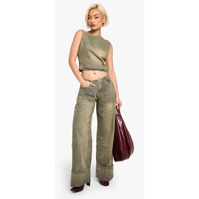 Womens Turn Up Cuff Wide Leg Jean - Brown - 12, Brown