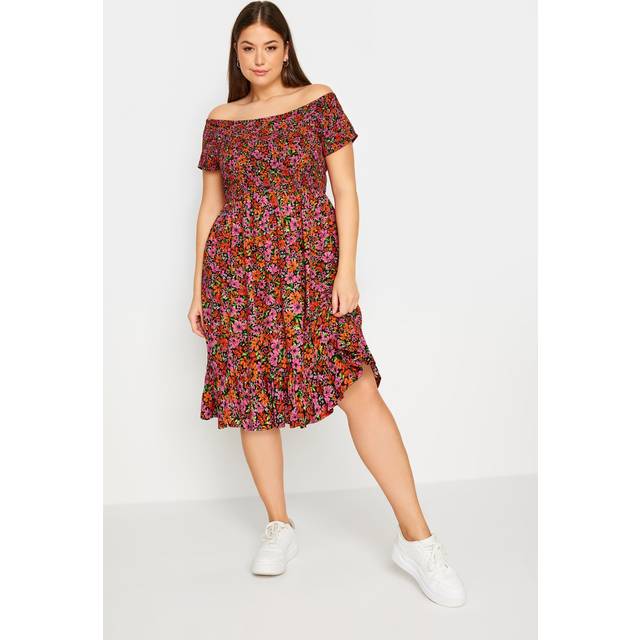 Yours Curve Orange & Pink Shirred Bardot Midi Dress, Women's Curve & Plus Size, Yours - 20