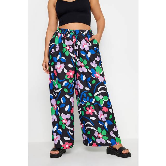 Yours Curve Black Floral Print Drawstring Wide Leg Trousers, Women's Curve & Plus Size, Yours - 24