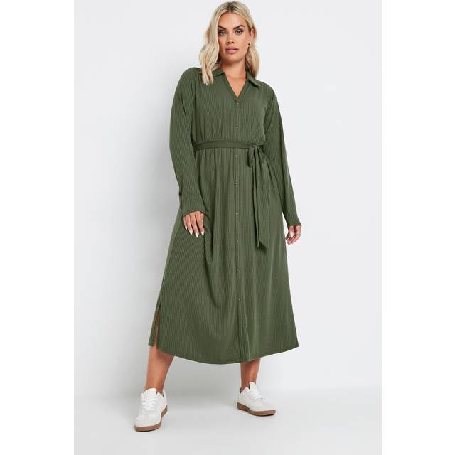 Yours Curve Khaki Green Button Front Ribbed Tie Waist Midi Dress, Women's Curve & Plus Size, Yours - 14