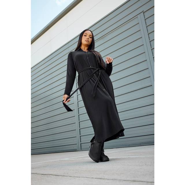 Yours Curve Black Ribbed Tie Waist Shirt Dress, Women's Curve & Plus Size, Yours - 26-28