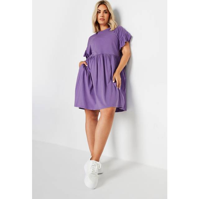 Yours Curve Purple Acid Wash Frill Sleeve Mini Dress, Women's Curve & Plus Size, Yours - 26-28
