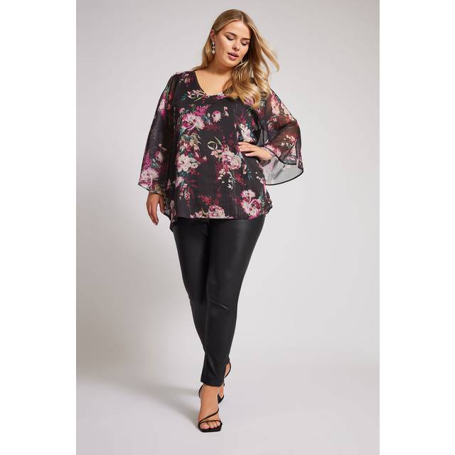 Yours London Curve Black Metallic Floral Print Cape Blouse, Women's Curve & Plus Size, Yours London - 22