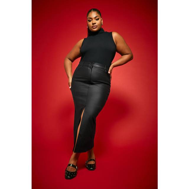 Yours Curve Black Coated Split Hem Midaxi Skirt, Women's Curve & Plus Size, Yours - 16