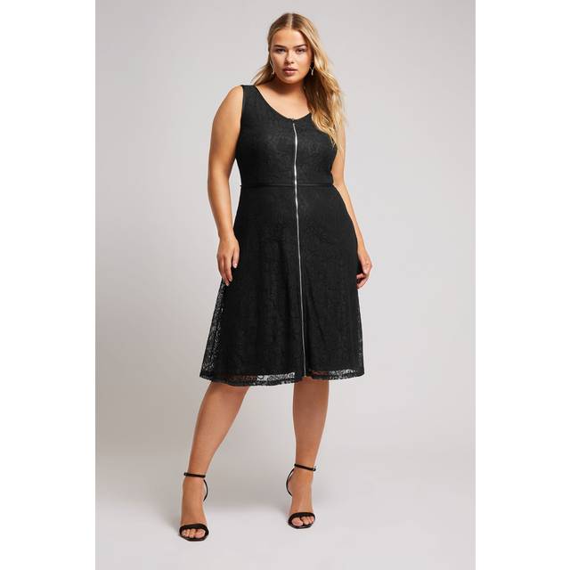 Yours London Curve Black Zip Front Lace Skater Dress, Women's Curve & Plus Size, Yours London - 16