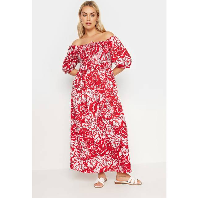 Yours Curve Red Abstract Floral Print Shirred Maxi Dress, Women's Curve & Plus Size, Yours - 30-32