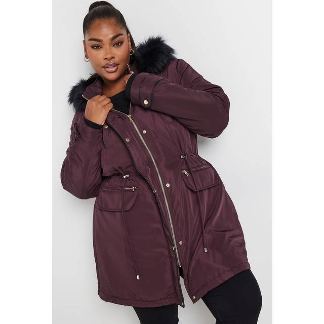 Yours Curve Burgundy Red Faux Fur Trim Plush Parka Jacket, Women's Curve & Plus Size, Yours - 34-36
